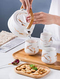 Jusalpha Marble Porcelain Teapot Set, Modern Japanese Tea Pot with Infuser for Loose Tea (40 OZ), 4-Piece Tea Cups (6.7 OZ) with Bamboo Tray - Tea Cups Set for Home and Restaurant, FDJPT4 (White)
