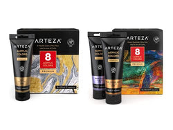Arteza Metallic Acrylic Paint Set of 8 and Metallic Acrylic Paint Set of 8 Vibrant Essentials, Painting Art Supplies for Artist, Hobby Painters & Beginners
