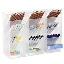 Marbrasse 3 Pcs Big Desk Organizer- Pen Organizer Storage for Office, School, Home Supplies, Translucent White Pen Storage Holder, High Capacity, Set of 3, 12 Compartments (White Big Pen Holder)