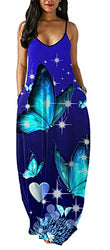 Beach Dresses for Women Maxi Vacation Summer Dress Casual Blue Butterfly Bohemian Long Sundress with Pockets