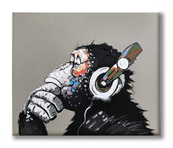 Yatehui Cool Ape Oil Painting on Canvas 100% Hand Painted Pop Art Funny Gorilla Thinking Monkey Listening to Music with Headphone Canvas Wall Art Framed Ready to Hang 24 x 20 Inches