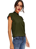 Romwe Women's Elegant Short Sleeve Mock Neck Workwear Blouse Top Shirts Army Green S