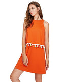 Romwe Womens Round Neck Tassel Trim Sleeveless Mini A-line Dress Orange XS