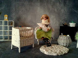 Miniature crib with mattress. 1:6 scale doll wicker miniature cradle for dollhouse. White color furniture