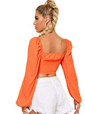 Romwe Women's Self Tie Knot Front Sweetheart Neck Long Sleeve Crop Tops Blouse Orange M