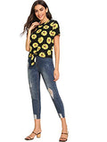 Romwe Women's Floral Print Short Sleeve Tie Front Knot Casual Loose Crop Tee T-Shirt Yellow XS