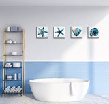 Ocean Artwork Starfish Canvas Wall Art Seashell Conch Wall Decor for Home Decoration Bathroom Decor 4 panels Blue Watercolor Painting Set of sea creatures Pictures Canvas prints Size: 16x16inchx4 panels