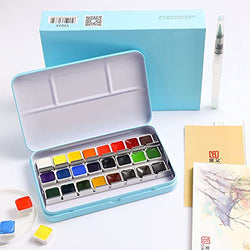 OWIN Watercolor Paint Set Solid Acrylic Professional Metal Box with a Brush Mixing Palette Half Pans Washable Portable Travel Drawing Art Supplies for Kids, Adults and Artists (Blue, 24 Colors)