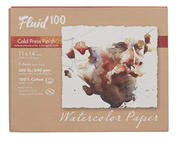 Fluid 100 Watercolor Paper 821722 300LB 100% Cotton Cold Press 11 x 14 Pochette, 8 Sheets