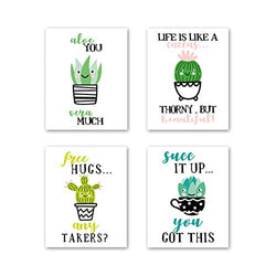Unframed Adorable Botanical Cactus Succulents Art Print Funny Inspirational Quotes Painting, Set of 4（8" x10 ） Canvas Green Plants Wall Art Poster for Kids Room Nursery Decor