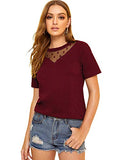 Romwe Women's Contrast Mesh Short Sleeve Summer Top T-Shirt Burgundy US 6/Medium