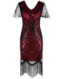 PrettyGuide Women's Short Sleeve 1920s Flapper Dress Glitter Sequin Inspired Fringed Cocktail Dress M Burgundy