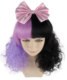 Two Tone Lavender Black Mid-Length Curly Wig with Bangs Pop Singer Cosplay Wigs w/Satin Ribbon Bow for Halloween Costume Party