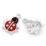 Housweety 5 PCs Charm Pendants Rhinestone Enamel Red Black Ladybug Silver Tone 17mmx13mm