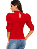 Romwe Women's Puff Half Sleeve Mock Neck Keyhole Back Slim Fit Blouse Tops Red S