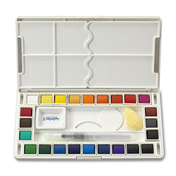 Jerry Q Art 24 Assorted Water Colors Travel Pocket Set- Free Refillable Water Brush With Sponge - Easy to Blend Colors - Built in Palette - Perfect For Painting On The Go JQ-124