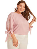 Romwe Women's Plus Size 3/4 Sleeve Pearl Beaded Tie Knot Cuff Solid Blouse Tops Shirt Pink, Pastel 4X Plus