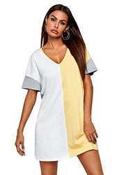 Romwe Women's Short Sleeve V Neck Colorblock Cotton Summer Tee Dress Yellow S