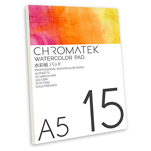 Watercolor Pad by Chromatek, Fine Grade, 15 Sheets, 300 GSM, Cold Pressed, Acid Free, Professional Watercolor Paper