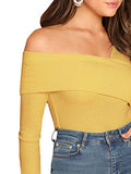 Romwe Women's Slim Cross Wrap Asymmetrical Neck Solid Ribbed Knit Tee Shirt Blouse Yellow X-Large