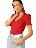 Romwe Women's Elegant Short Puff Sleeve Knit Summer V-Neck T-Shirt Tops Red Large