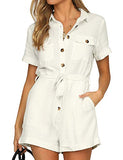 GRAPENT Women's Ivory Summer Casual Short Sleeves Button Down Pocket Belted Jumpsuits Rompers Size Medium (Fits US 8-10)