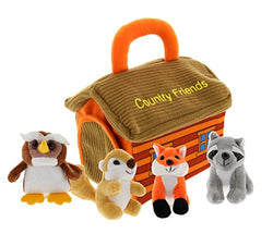 Etna Plush Woodland Animals with Country House Carrier for Kids- 5pc- Talking Animal Interactive Toy Set- Stuffed Owl, Racoon, Fox & Squirrel- Great for Boys & Girls