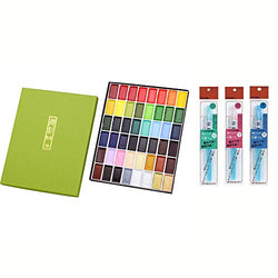 Kuretake GANSAI TAMBI 48 colors with 3 WATER BRUSH pens set, Handcrafted, Professional-quality pigment inks for artists and crafters, Show up on dark papers, Flexible Brush Tip, Made in Japan