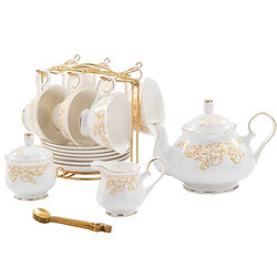 Daveinmic 22-Pieces Porcelain Tea Set, Cups& Saucer Service for 6, with Spoons,Teapot,Sugar Bowl,Creamer Pitcher and Golden Metal Rack,China Tea Gift Sets for Home&Party