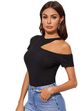 Romwe Women's Sexy Asymmetric Cutout Neck Ribbed Casual T-Shirt Tops Blouse Black#1 X-Large