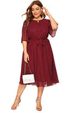 Romwe Women's Plus Size Mesh Elegant Half Ruffle Sleeve Belted Cocktail Party Swing Midi Dress Burgundy 1XL