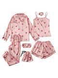 SheIn Women's 7pcs Pajama Set Cami Pjs with Shirt and Eye Mask Pink Strawberry Large