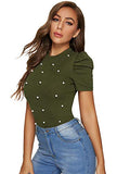Romwe Women's Elegant Pearl Embellished Puff Short Sleeve Embroidered Blouse Tops (Large, Army Green)