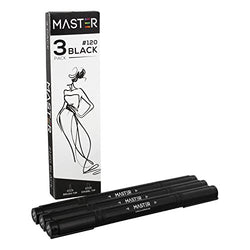 Master Markers Dual Tip Artist Black Illustration Markers (Pack of 3) - Chisel/Brush Tip, Rubber