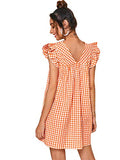 Romwe Women's V Neck Ruffle Smock Summer Boho Dress Top Orange and White S