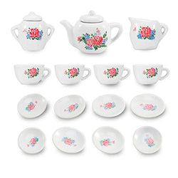Liberty Imports 17 Piece Rose Flower Miniature Porcelain Ceramic Tea Set - Pretend Play Kids Toy Mini Kitchen Playset