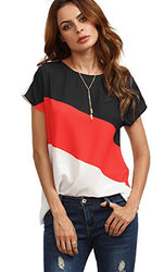 Romwe Women's Color Block Blouse Short Sleeve Casual Tee Shirts Tunic Tops Black/Red/White L