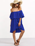 Romwe Women's Off The Shoulder Ruffle Casual Loose Shift Dress Blue M