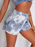 Romwe Women's Tie Dye Workout Shorts Elastic Waist Athletic Running Shorts with Pocket Blue and White S