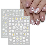 JMEOWIO 12 Sheets Spring White Flower Nail Art Stickers Decals Self-Adhesive Pegatinas Uñas Summer Butterfly Leaf Floral Nail Supplies Nail Art Design Decoration Accessories