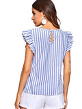 Romwe Women's Sleeveless Striped Floral Embroidery Ruffle Cotton Summer Boho Blouse Top Blue S