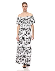 28 Palms Women's Tropical Hawaiian Print Off Shoulder Maxi Dress, Water Color Black/White, Large