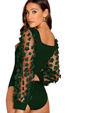 Romwe Women's Elegant Square Neck Floral Applique Mesh Sleeve Bodysuit Jumpsuit Green XS