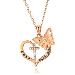 Heart & Butterfly Necklaces for Women Sterling Silver - Rose Gold Plated Pendant Necklace for Girls Love Faith Hope Theme Minimalist Delicate Daily Personalized Mother Days Jewelry