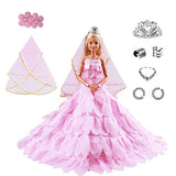 Keysse Doll Clothes Voluminous Skirt Large Trailing Wedding Dress with 5 Accessories, Crown+ Veil+ Bow Hair Clips+ Necklace and Bracelet, Princess Evening Party Clothes Outfit for 11.5" Doll (Pink)