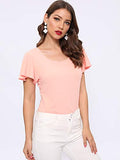 Romwe Women's Summer Ruffle Short Sleeve Slim Fit Casual Blouse Shirts Top Pink L