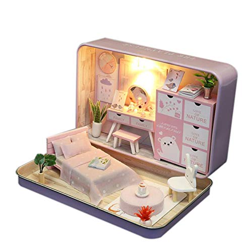 WYD Mark Iron Box Miniature Theater Micro Landscape Doll House Hand Assembled Doll House Kit Mother's Day Father's Day Birthday Gift (Pink)