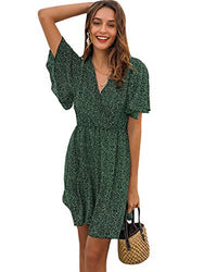 Romwe Women's Short Sleeve V Neck All Over Print High Waist A Line Summer Short Dress Green M