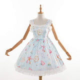 Smiling Angel Sweet Lolita Printed Rabbit Dress Sleeveless Chiffon Lace JSK Princess Dress (Blue, S-M)