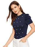 Romwe Women's Elegant Pearl Embellished Puff Short Sleeve Blouse Tops Navy Small